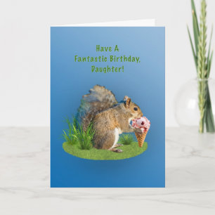 Carte Anniversaire, Fille, Écureuil Avec Conne De Crème 