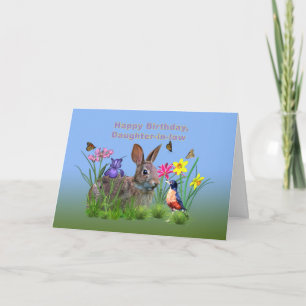 Carte Anniversaire, Fille en l, Lapin, Papillons, Robin