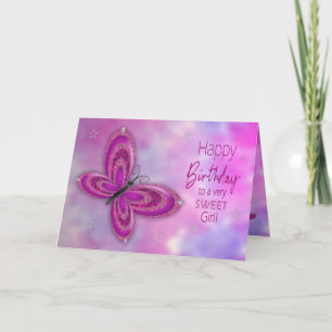 Carte Anniversaire, Fille, Papillon rose Glitzy