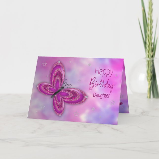 Carte Anniversaire, Fille, Papillon rose Glitzy (Devant)
