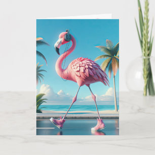 Carte Anniversaire Flamant rose rose portant Basket