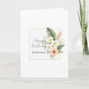 Carte Anniversaire Fleur Blanche Tropicale Pêche Or