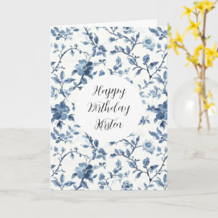 Carte Anniversaire Floral Bleu Blanc Chic