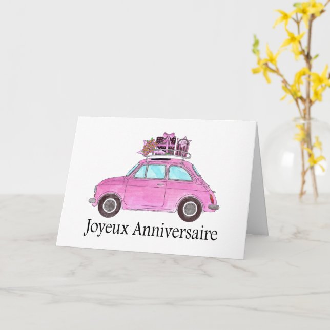 Carte Anniversaire français Retro Fiat 500 (Fleur jaune)