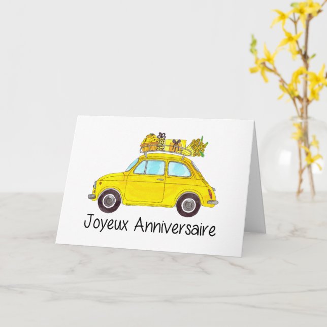 Carte Anniversaire français Retro Fiat 500 (Fleur jaune)