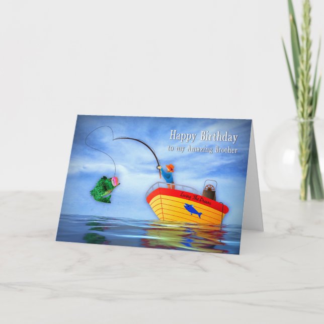 Carte Anniversaire Frère Il est attrapé d'une pêche à vi (Devant)