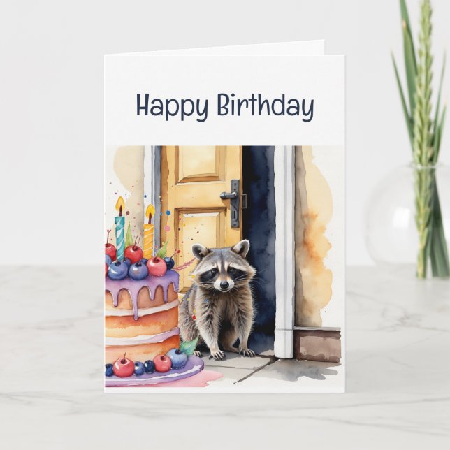 Carte Anniversaire Fun Raccoon Après Cake Cute Animal (Devant)