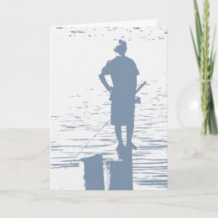 Carte Anniversaire, garçon pêchant à partir de la souche