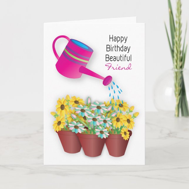 Carte Anniversaire Girlfriend Watering Can Flowers 3D Ef (Devant)