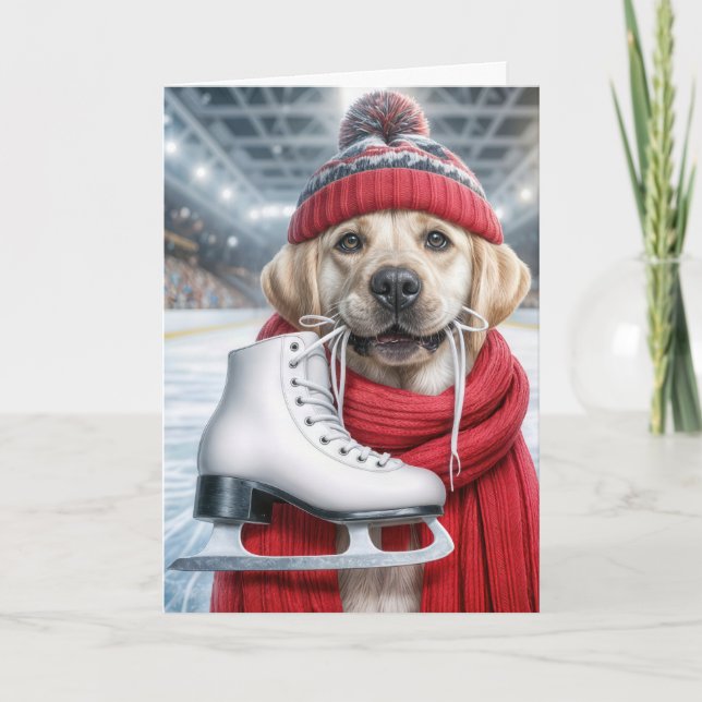 Carte Anniversaire Golden Retriever avec patinage sur gl (Devant)