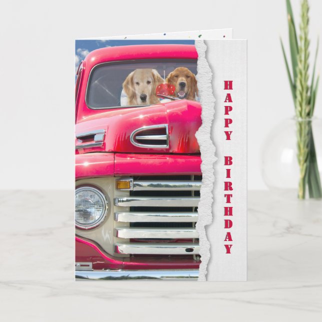 Carte Anniversaire Golden Retriever en Camion Rouge (Devant)