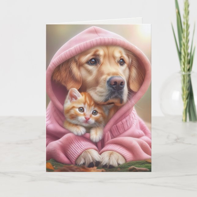 Carte Anniversaire Golden Retriever et Kitten dans un Sw (Devant)