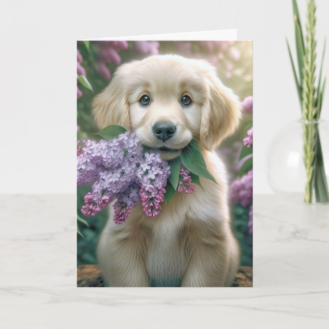 Carte Anniversaire Golden Retriever Puppy Avec Lilacs (Devant)