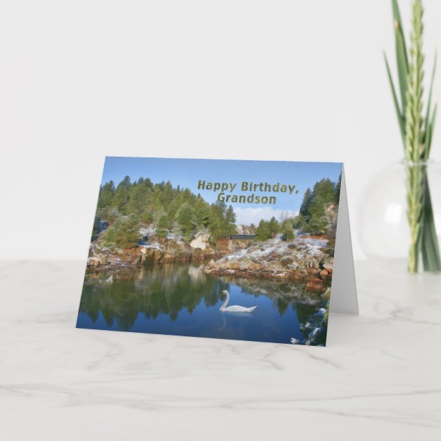 Carte Anniversaire, Grand-fils, Mountain Lake, Swan, Car (Devant)
