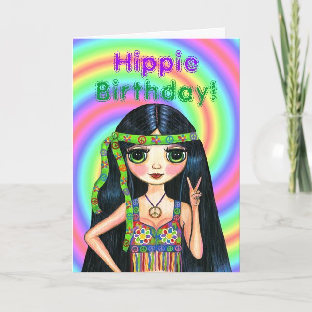 Carte Anniversaire hippie ! Fille hippie psychédélique (Devant)