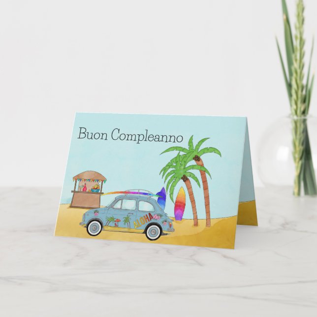 Carte Anniversaire italien Aloha Surf Fiat 500 (Devant)