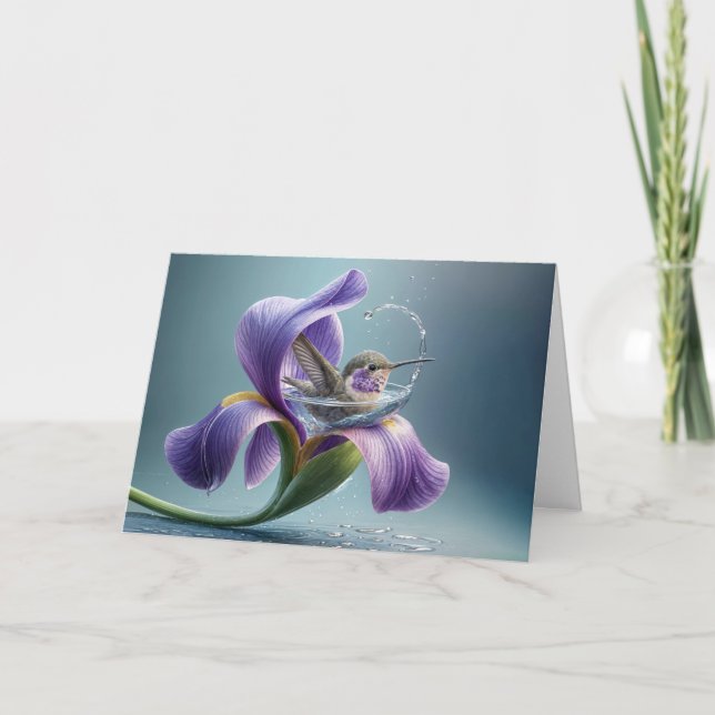 Carte Anniversaire Le Colibri S'Éclabouille Dans Un Iris (Devant)