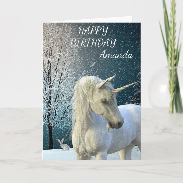 Carte Anniversaire Magique Unicorne scène de neige perso (Devant)