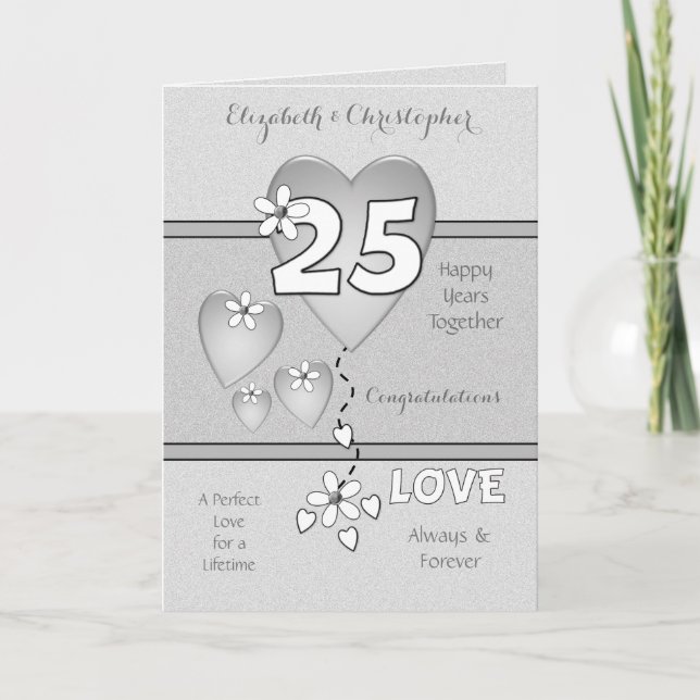 Carte Anniversaire mariage 25e Coeurs et fleurs d'argent (Devant)