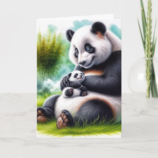 Carte Anniversaire Mère Panda Ours Avec Son Cube (Devant)