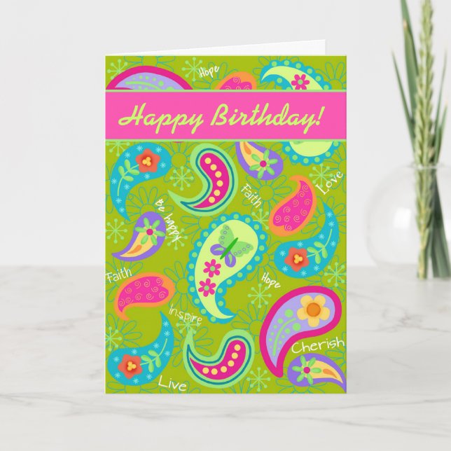 Carte Anniversaire moderne fuchsia de Paisley de vert (Devant)