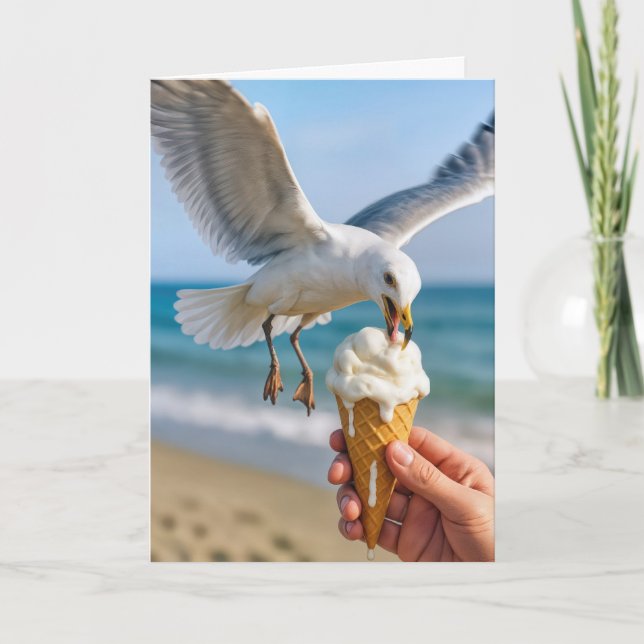 Carte Anniversaire Mouette mangeant un cône de crème gla (Devant)