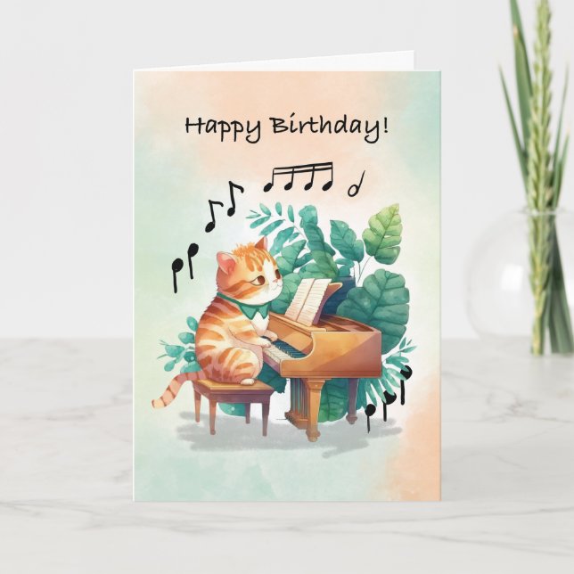 Carte Anniversaire Musical Chat Jouer Piano (Devant)