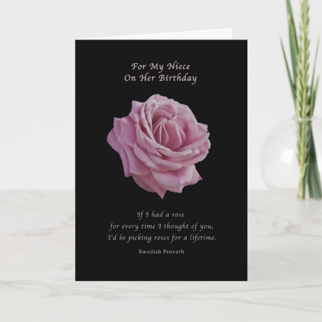 Carte Anniversaire, nièce, rose de rose sur le noir (Devant)