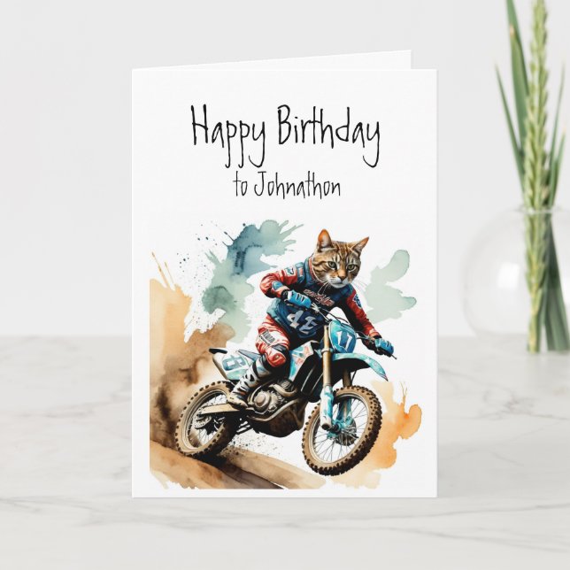 Carte Anniversaire Nom personnalisé Chat équitation Moto (Devant)