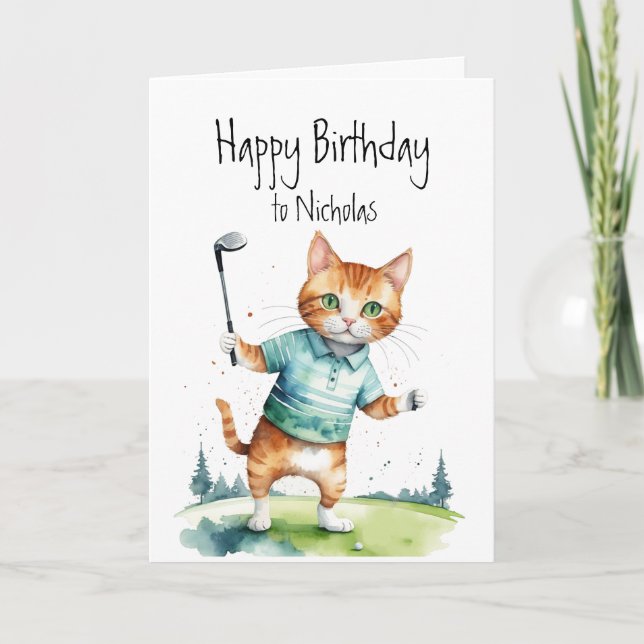 Carte Anniversaire Nom personnalisé Chat Golf (Devant)