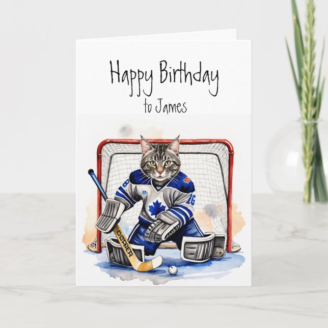 Carte Anniversaire Nom personnalisé Chat jouant au hocke (Devant)