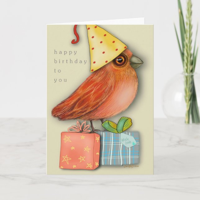 Carte Anniversaire Oiseau assis sur les présentents (Bla (Devant)