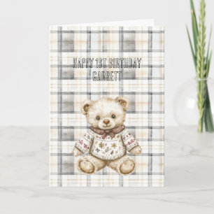 Carte Anniversaire Ourson rayures carreaux gris crème