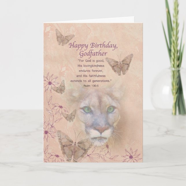 Carte Anniversaire, parrain, puma et papillons (Devant)