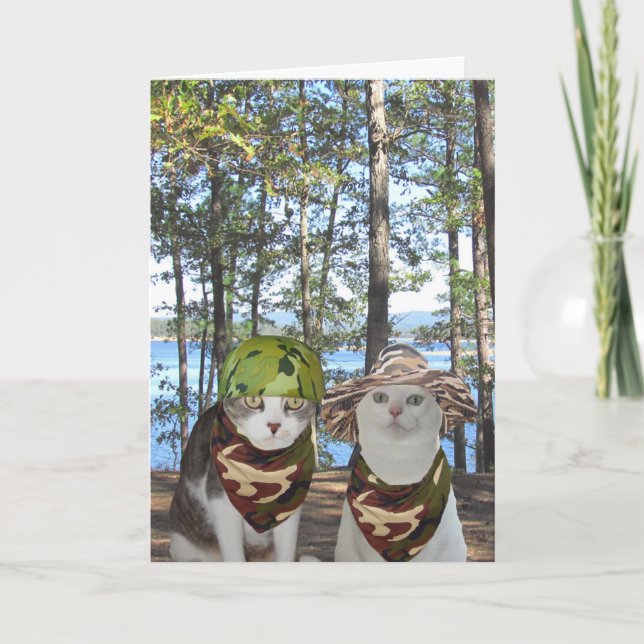 Carte Anniversaire Personnalisable Chasseur Amusant Chat (Devant)