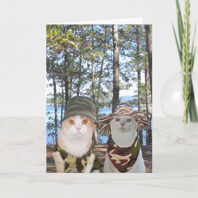 Carte Anniversaire Personnalisable Chasseur Amusant Chat (Devant)