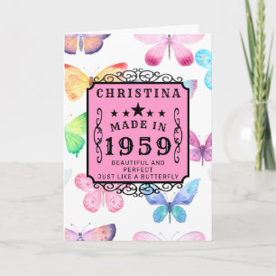 Carte Anniversaire personnalisé 1959 Papillon rose Fille