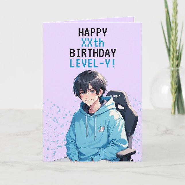 Carte Anniversaire personnalisé Anime Blue & Purple Game (Devant)