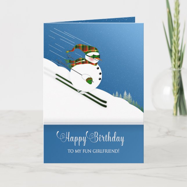Carte Anniversaire, Petite amie, Joyeux Snowman Ski (Devant)