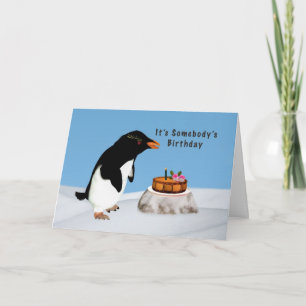 Carte Anniversaire, Pingouin humoristique et gâteau