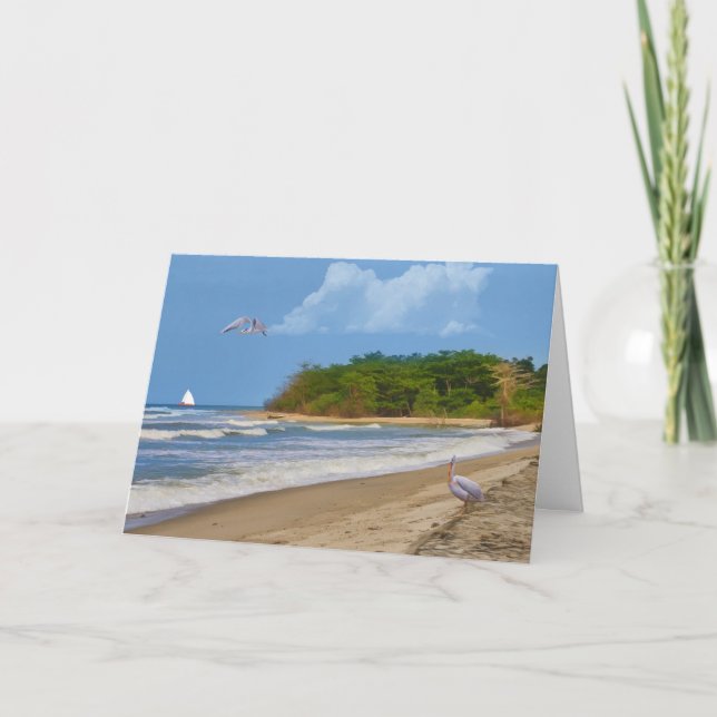 Carte Anniversaire, plage tropicale, oiseaux (Devant)