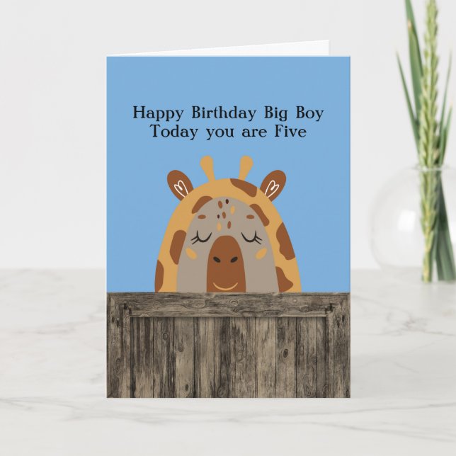 Carte Anniversaire pour 5 ans. Vieux garçon avec Giraffe (Devant)