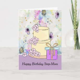 Carte Anniversaire pour Step-Mom with Cake & Prese