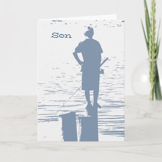 Carte Anniversaire pour un fils, garçon pêchant à partir (Devant)
