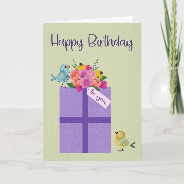 Carte Anniversaire présent avec des oiseaux et des fleur (Devant)