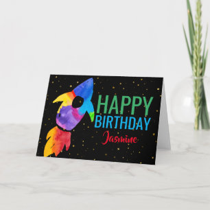 Carte Anniversaire Rainbow Watercolor Rocket Espace extr