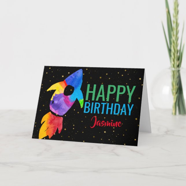 Carte Anniversaire Rainbow Watercolor Rocket Espace extr (Devant)