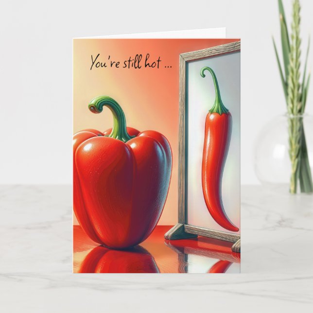 Carte Anniversaire Red Bell Poivre regardant dans un mir (Devant)