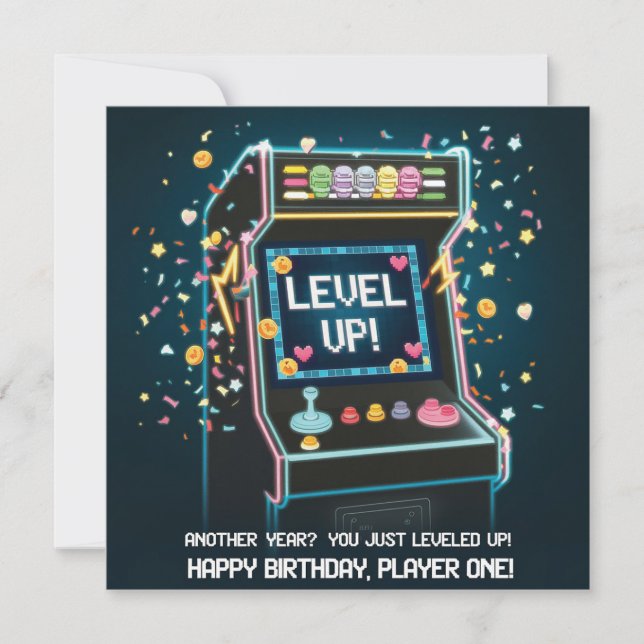 Carte Anniversaire Rétro À Thème Arcade - "Niveau Up" Ga (Devant)