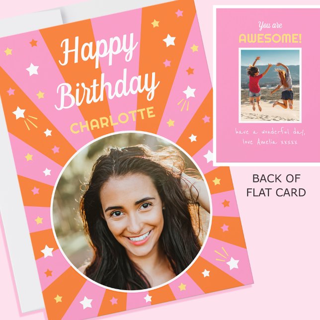 Carte Anniversaire Rétro Nom personnalisé 2 Photo rose o (Créateur téléchargé)